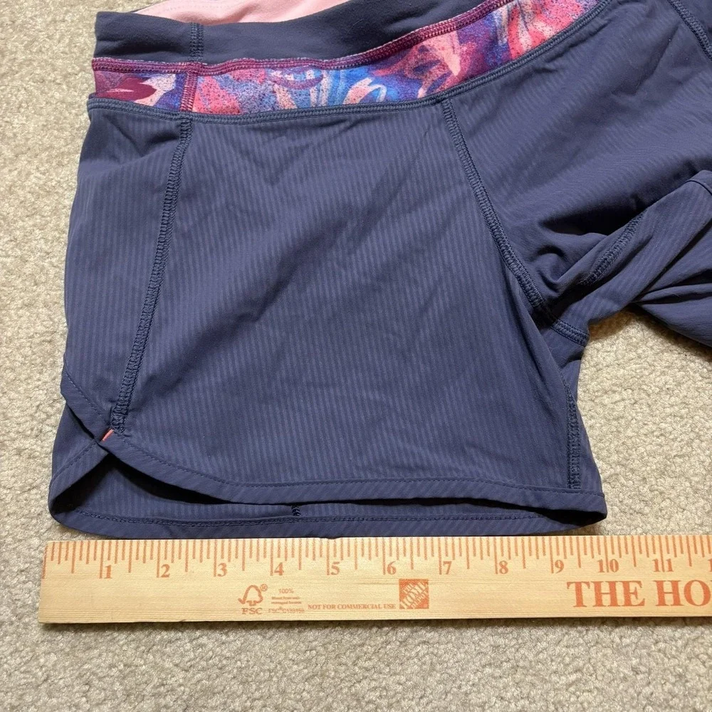 Ivivva Running Shorts Girls‎ 12 Blue Striped Floral Waistband Lined Gym Athletic